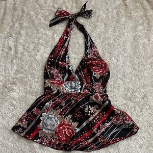 Vintage 90s Satin Floral Halter Top with Red and Black Accents